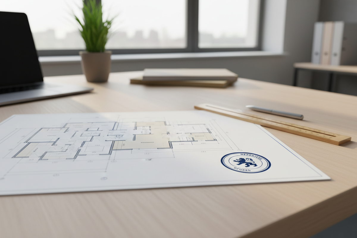 Bouwactiviteit Omgevingsplan - professioneel bouwplan met goedkeuringsstempel